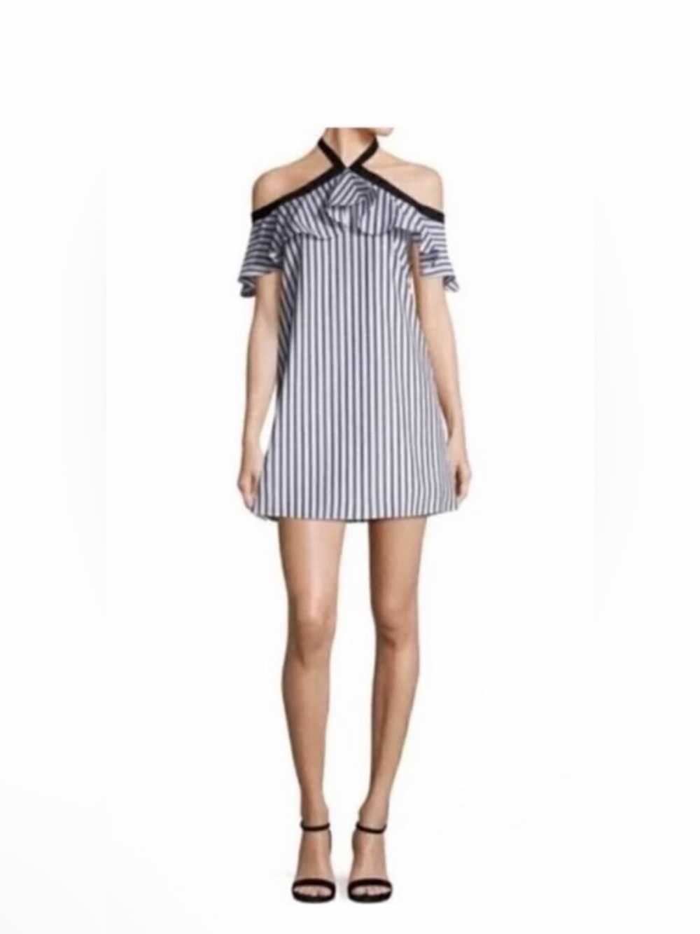 Alice + Olivia Blue & White Striped Cold-Shoulder Halter Mini Dress